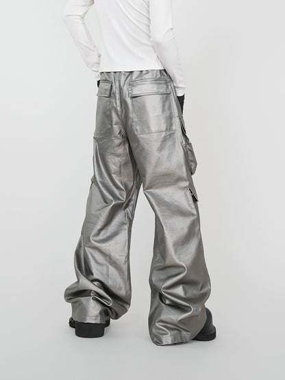 Matte Silver Waxed Coating Wide Leg Cargo Denim Jeans WN17431