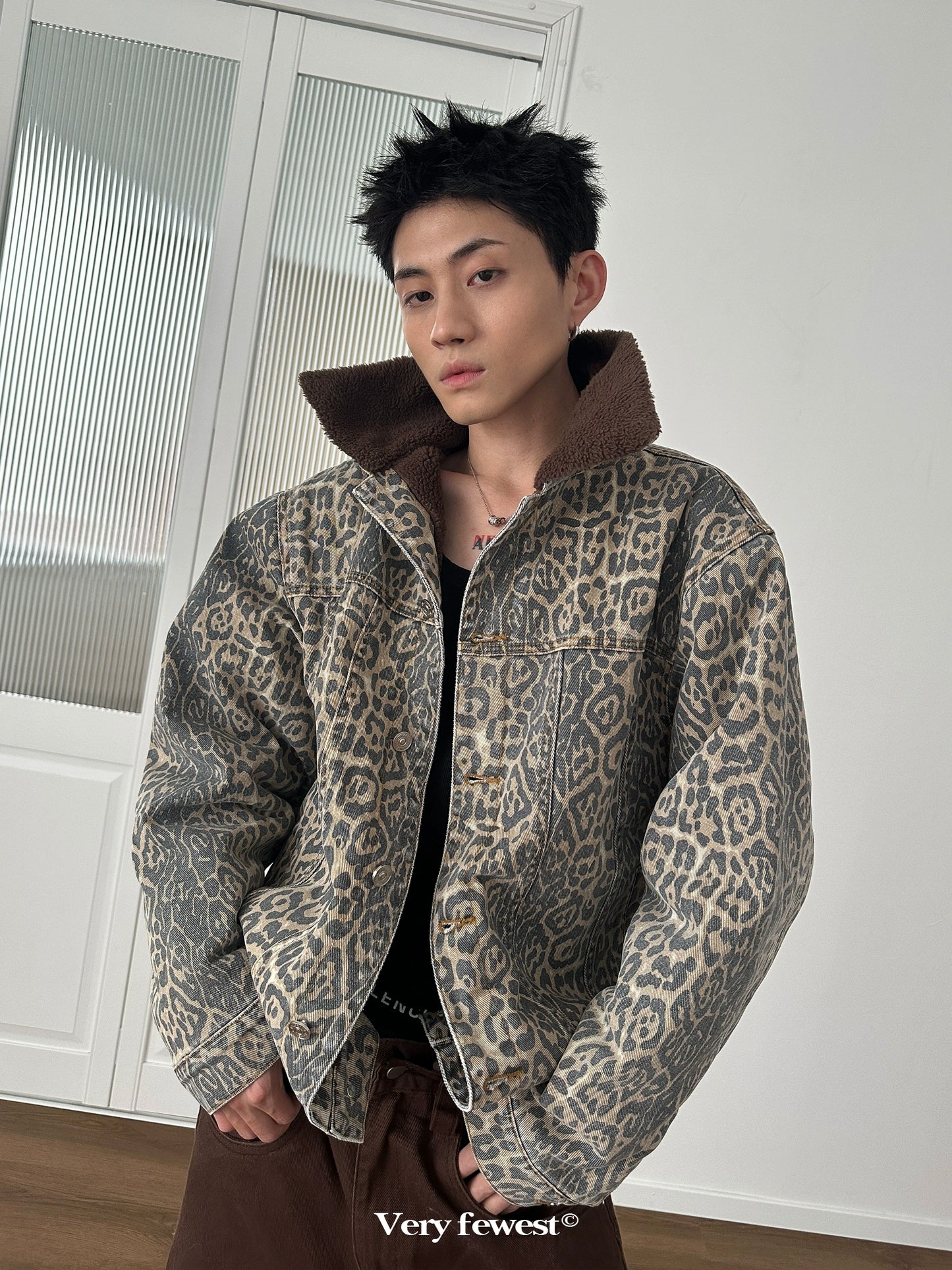 Washed Leopard Boa Neck Jacket WN8850