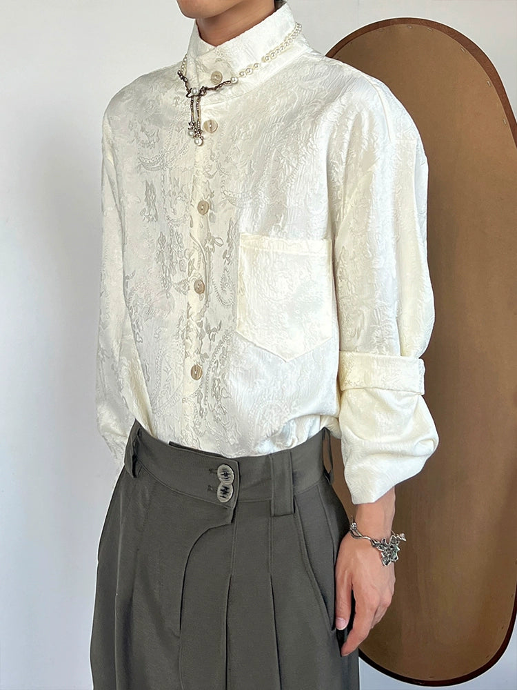 Embroidery Jacquard Stand Neck Long Sleeve Shirt WN20033