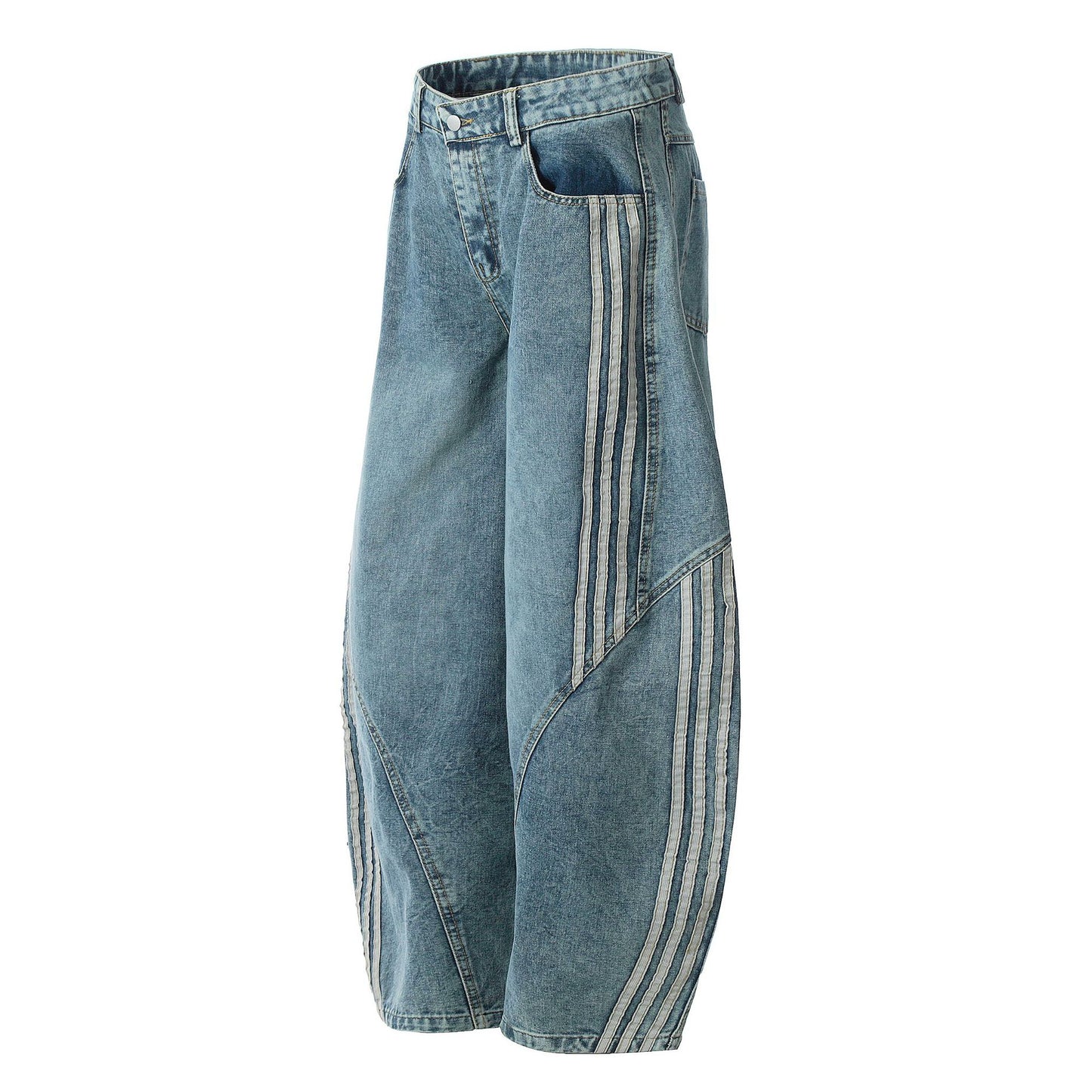 Washed Triple Stripe Panel Design Wide Leg Denim Jeans WN25432