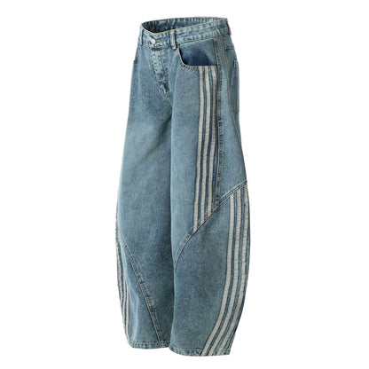 Washed Triple Stripe Panel Design Wide Leg Denim Jeans WN25432