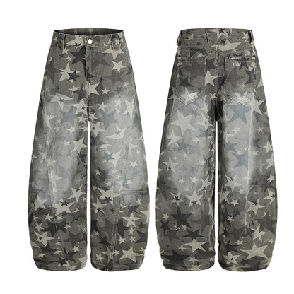 Star Print Washed Wide Leg Denim Jeans WN23602