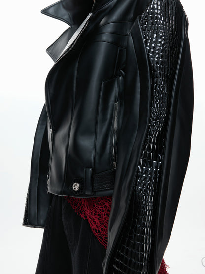 Crocodile Texture Irregular Zipper Short PU Leather Jacket WN23332