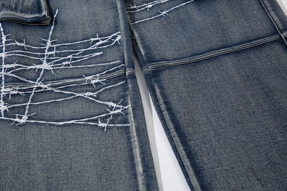 Embroidery Wide-Leg Cargo Denim Jeans WN11366