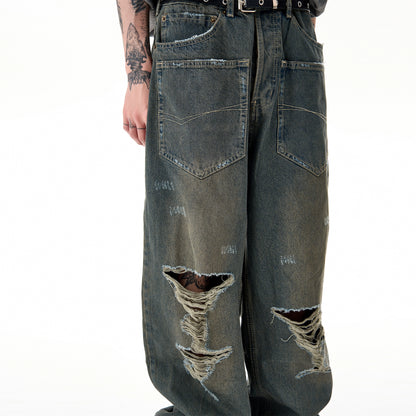 Wash Reversed Pocket Wide-Leg Damage Denim Jeans WN5201