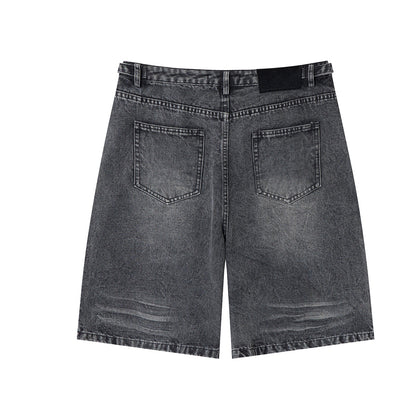 Washed Whisker Metal Buckle Denim Half Pants WN25513
