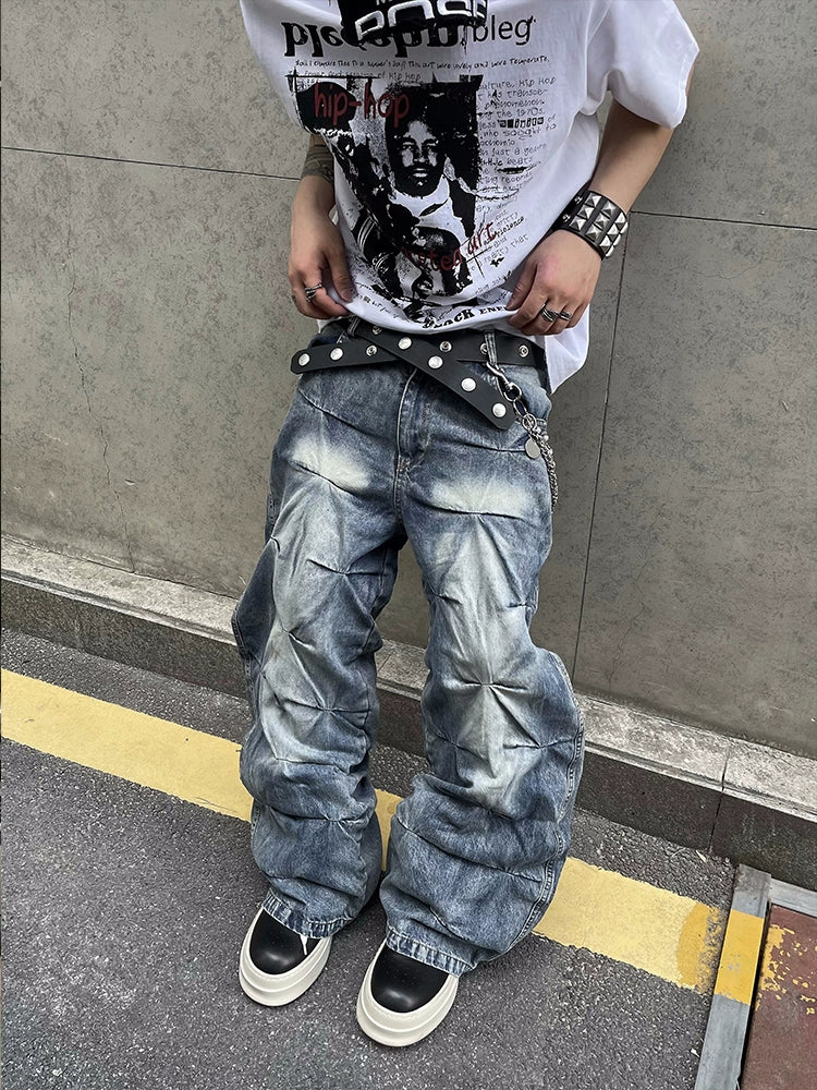 Wrinkle Design Wash Wide Leg Denim Jeans WN18808