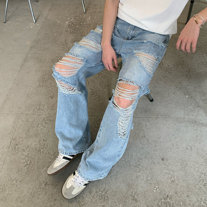 Damage Multi-Hole Straight Denim Jeans WN24963