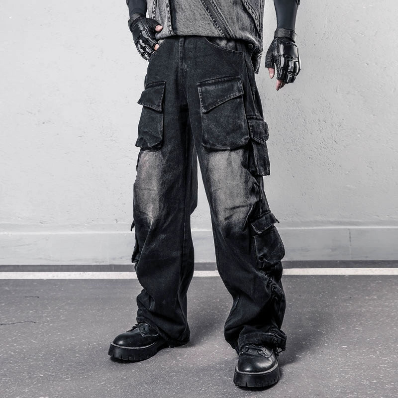 Damage Wash Multi-Pocket Wide Leg Denim Jeans WN22427