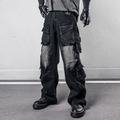 Damage Wash Multi-Pocket Wide Leg Denim Jeans WN22427