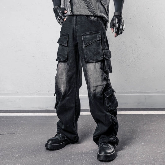 Damage Wash Multi-Pocket Wide Leg Denim Jeans WN22427