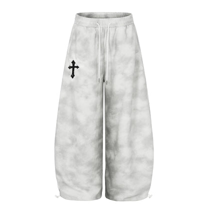 Cloud Washed Cross Embroidery Wide Leg Sweaetpants WN25527