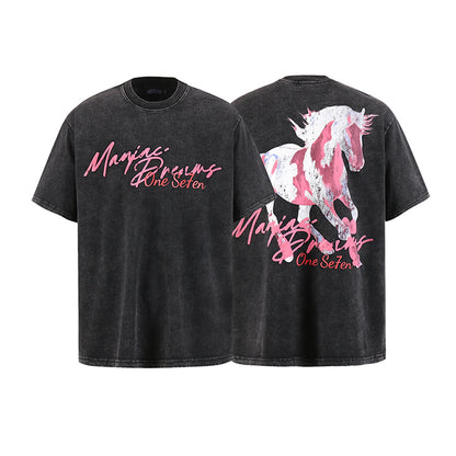 Washed Graphic Horse Print Short Sleeve T-Shirt WN25502