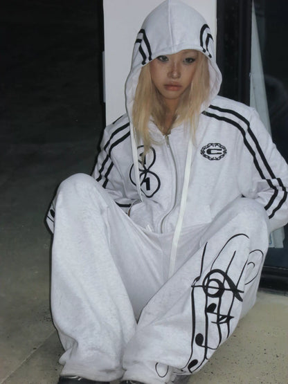 Music Score Embroidery Wide Leg Sporty Sweat Pants WN19053