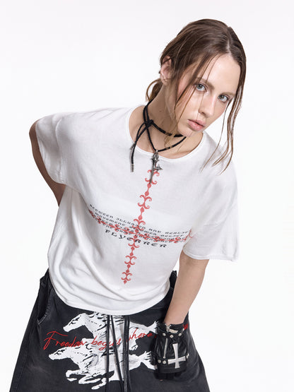Cross Embroidery Washed Short Sleeve T-Shirt WN27445