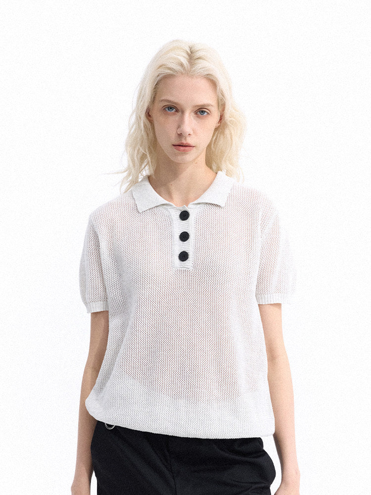 Openwork Polo-Collar Knit Short Sleeve T-Shirt WN27149