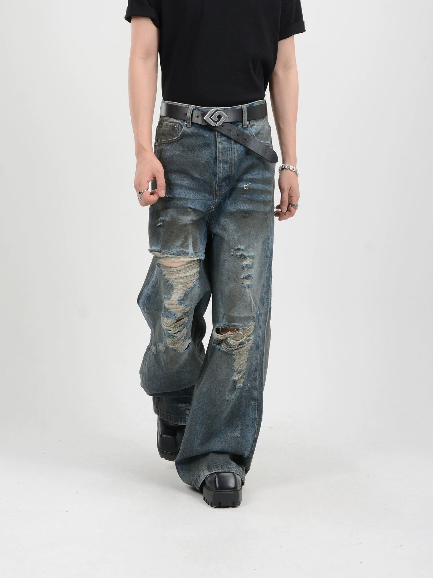 Washed Damage Wide-Leg Straight Denim Jeans WN7116