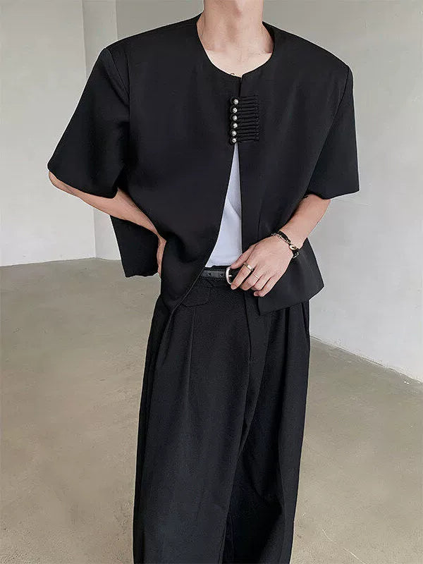 Chinese Style Shoulder Pad Short Sleeve Shirt WN19318