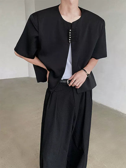 Chinese Style Shoulder Pad Short Sleeve Shirt WN19318