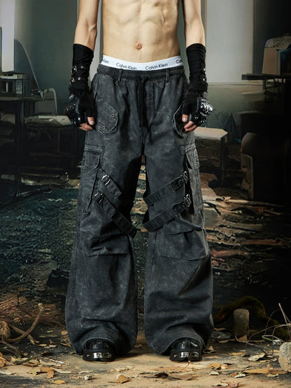 Washed Layered Pleats Multi-Pocket Cargo Pants WN18477