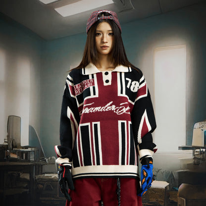 Contrast Jersey Style Oversize Sporty Knit Sweater WN22746