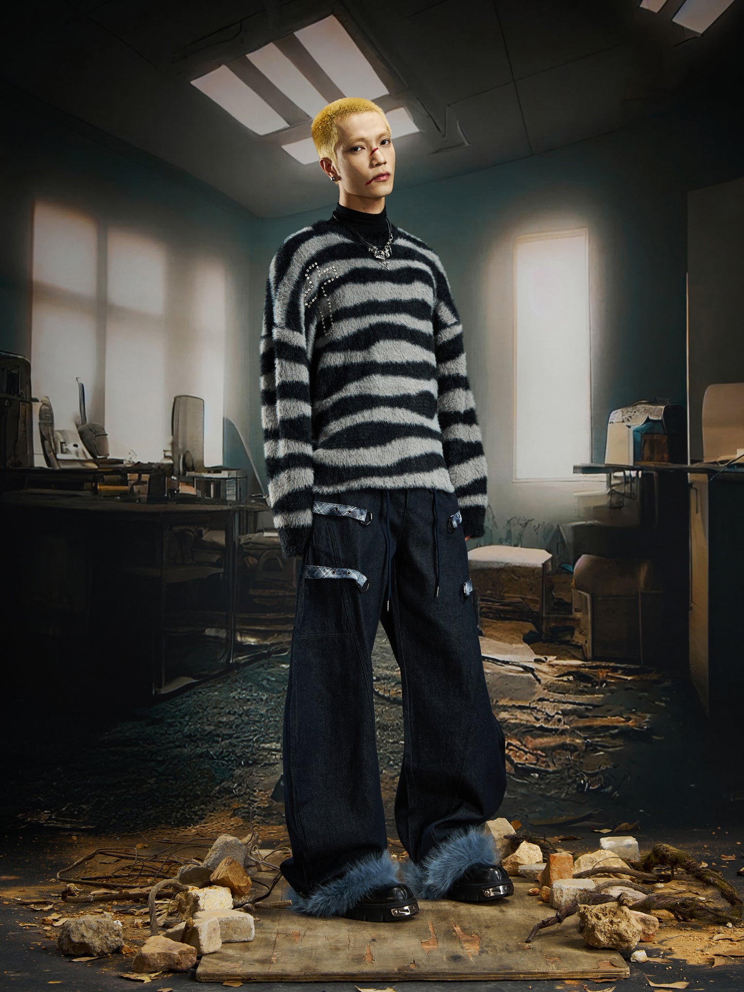 Striped Rhinestone Fake Mohair Oversize Knit Sweater WN22733