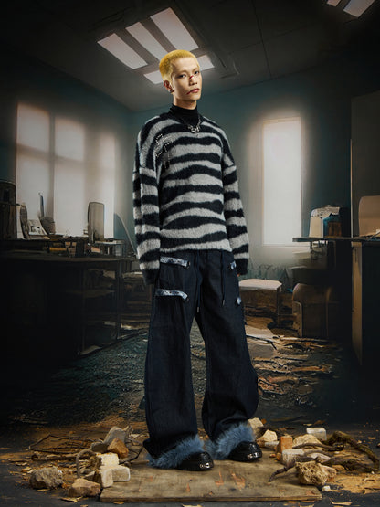 Striped Rhinestone Fake Mohair Oversize Knit Sweater WN22733