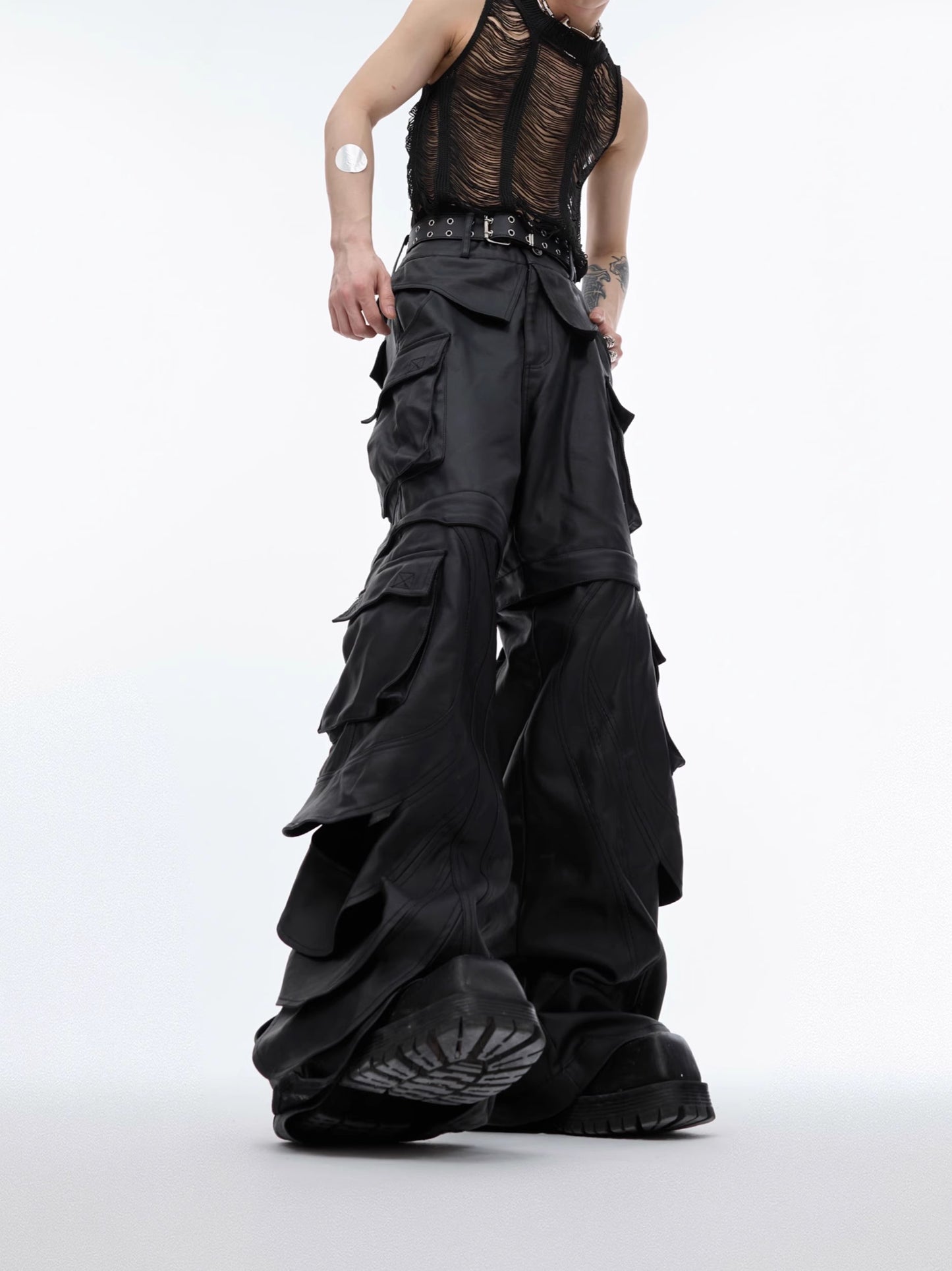 Leather Like Detachable Hem Wide-Leg Baggy Cargo Pants WN6482