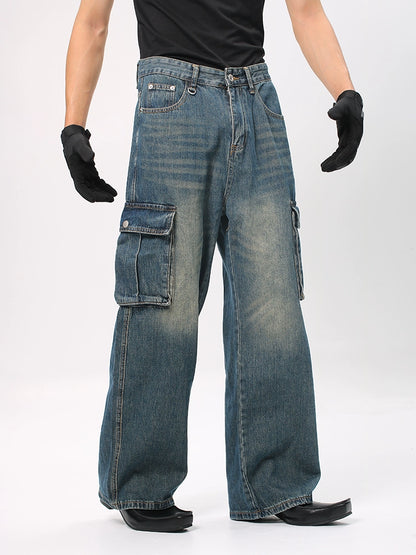 Washed Workwear Design Wide Leg Straight Denim Jeans WN18652