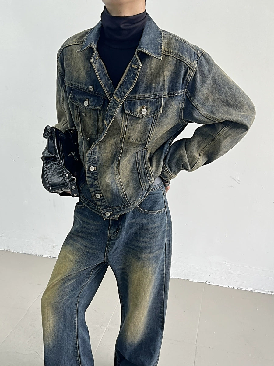 Asymmetric Button Washed Denim Jacket & Denim Jeans Setup WN11637