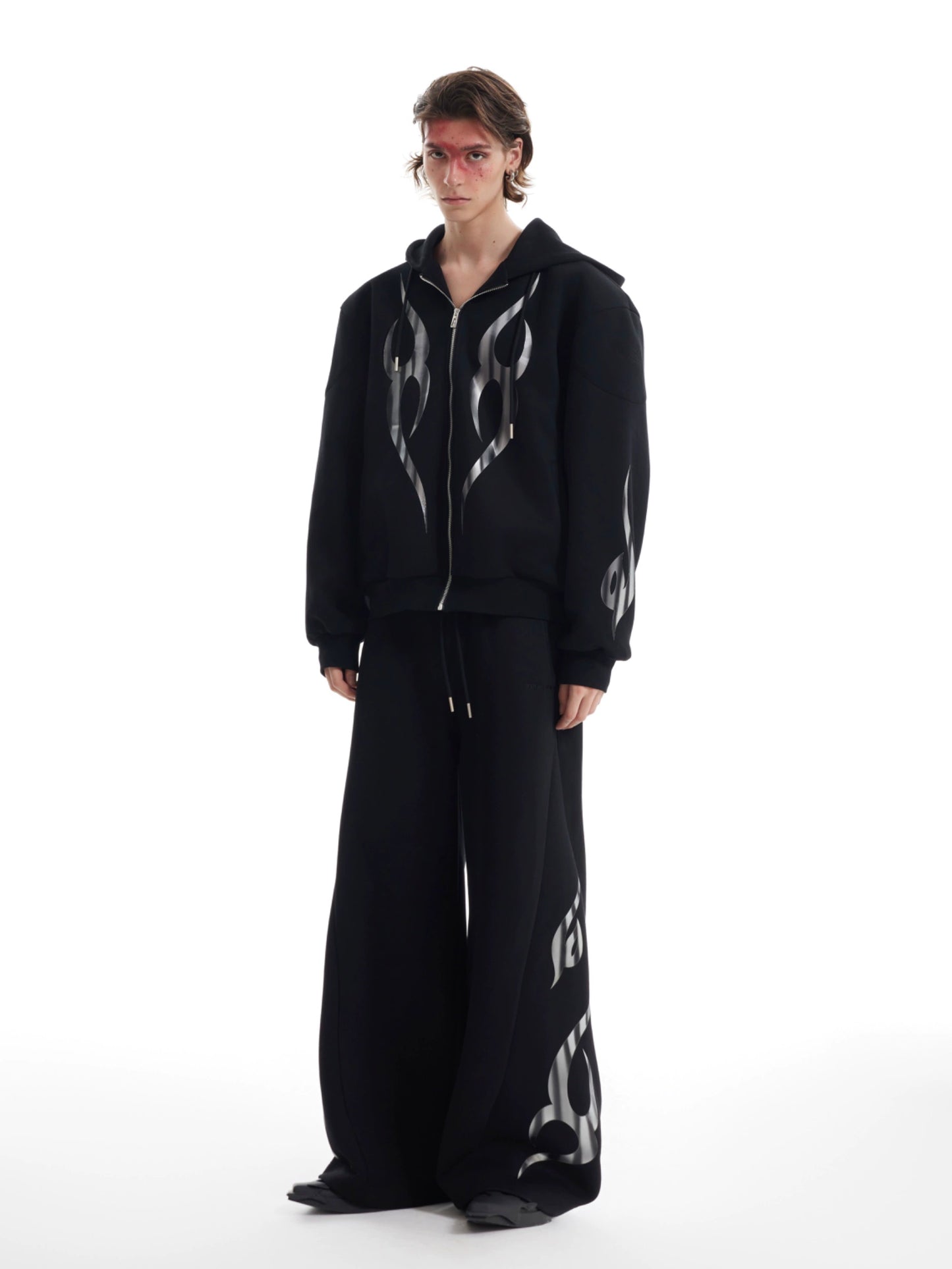 Heavyweight Print Oversize Zipper Hoodie & Wide-leg Sweatpants Setup WN8651