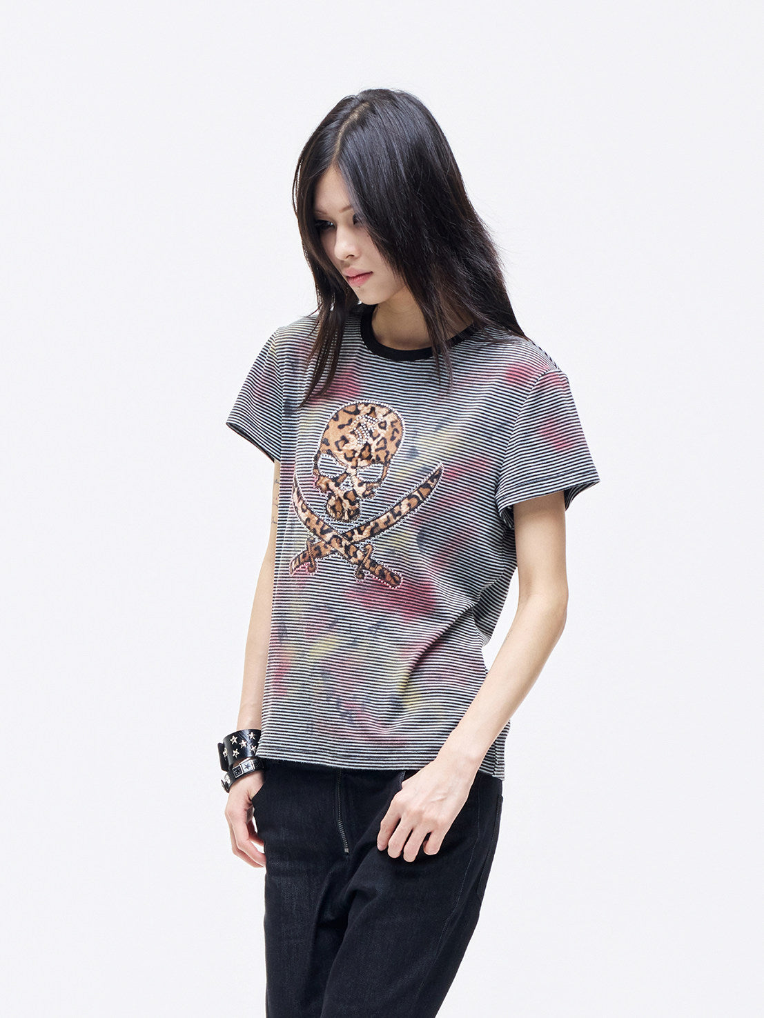 Leopard Skull Patch Stripe Short Sleeve T-Shirt WN27368