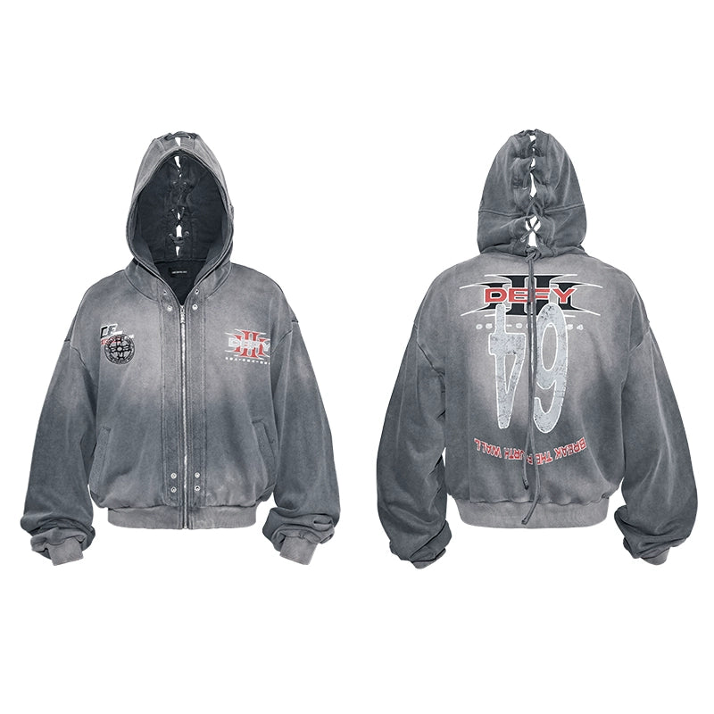 Graphic Print Zipper Hoodie & Washed Eyelet Pants Setup WN20837