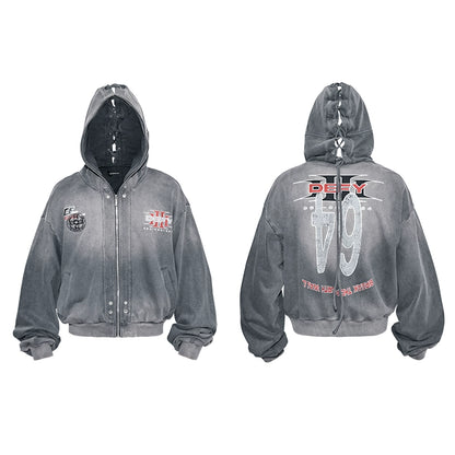 Graphic Print Zipper Hoodie & Washed Eyelet Pants Setup WN20837