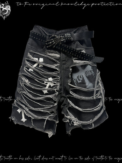 Washed Damage Design Five Pocket Half Denim Jeans & Belt & Waist Chain WN20092