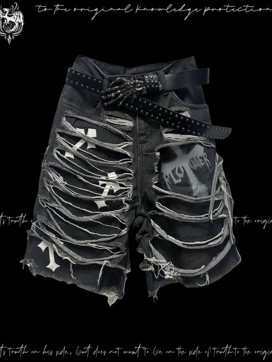 Washed Damage Design Five Pocket Half Denim Jeans & Belt & Waist Chain WN20092