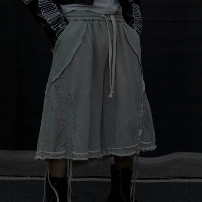 Heavyweight Washed Frayed Strap Wide Leg Half Pants WN27876
