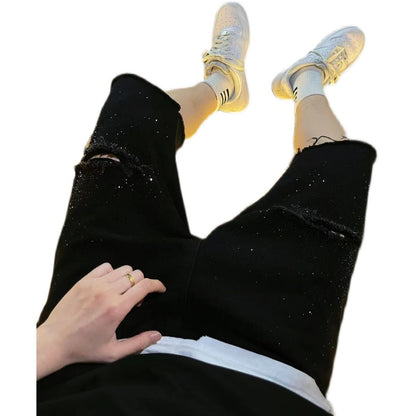 Rhinestone Damage Denim Half Jeans WN20699