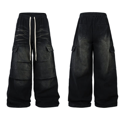 Washed Whisker Cargo Wide Leg Denim Jeans WN25976