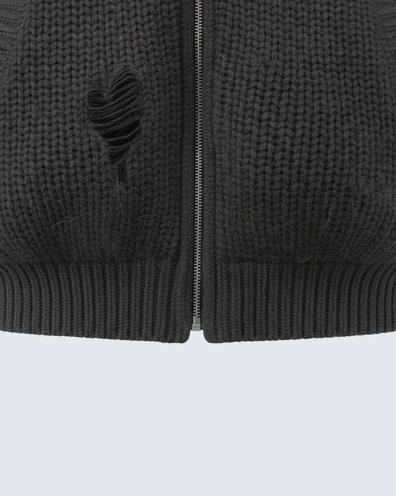 Fake Fur Collar Damage Zipper Knit Hoodie WN28100