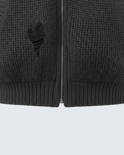 Fake Fur Collar Damage Zipper Knit Hoodie WN28100