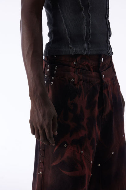 Washed Graffiti Dirty-Dye Denim Half Pants WN25741