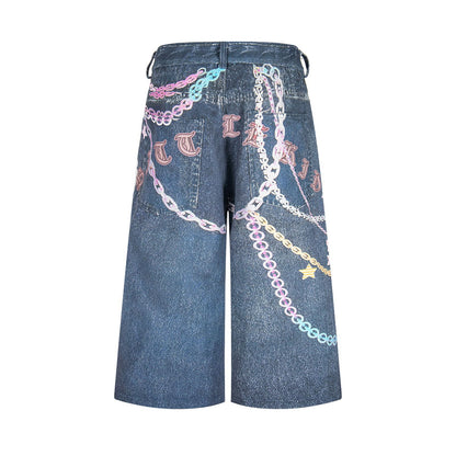 3D Chain Print Curved Leg Cropped Denim Pants WN26838