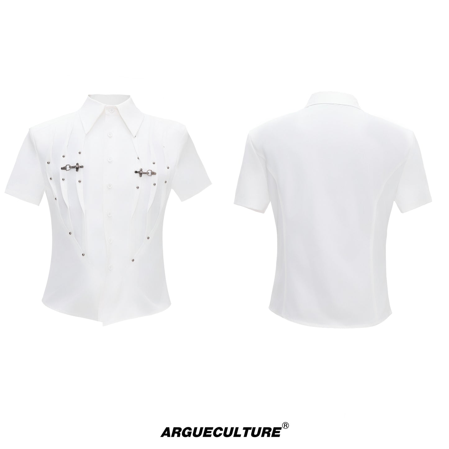 Pleats Cinched-Waist Shoulder-Pad Stud Short Sleeve Shirt WN27000