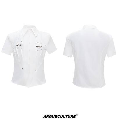 Pleats Cinched-Waist Shoulder-Pad Stud Short Sleeve Shirt WN27000