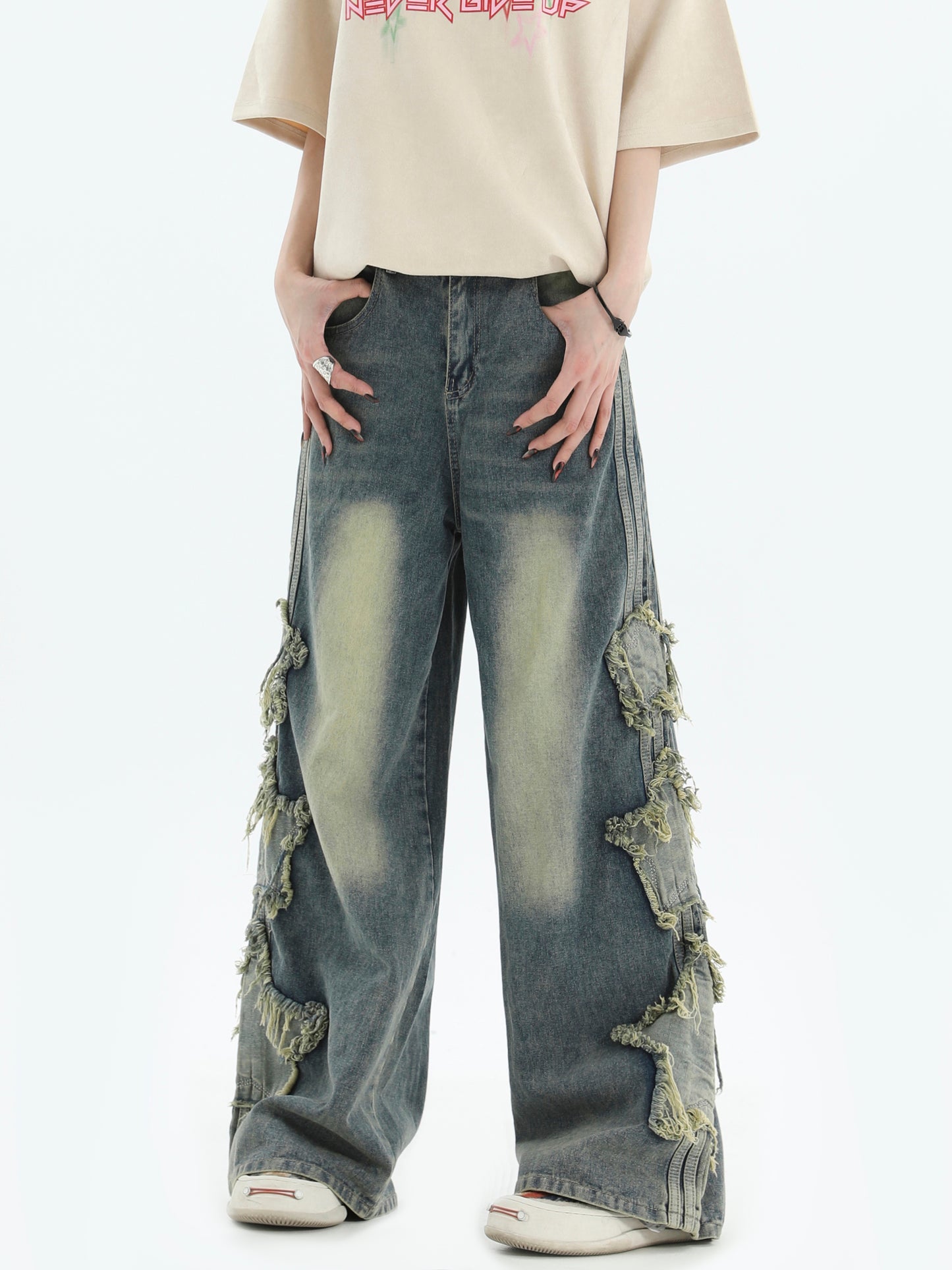 Star Side Raw-edge Wide Leg Denim Jeans WN7193