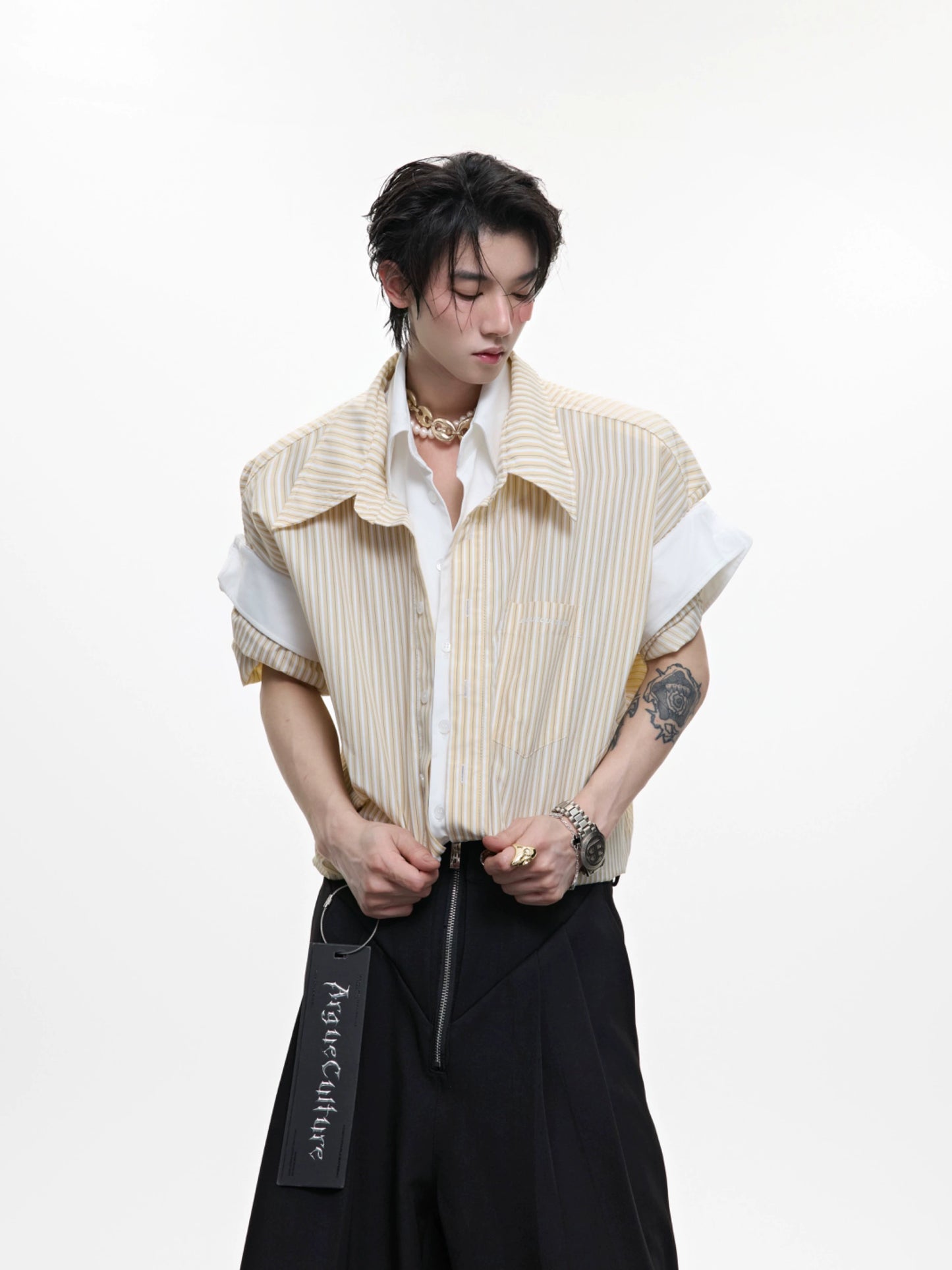 Stripe Fake Layered Short Sleeve Shirt WN18368