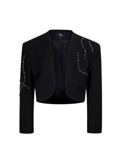 Collarless Shoulder-Pad Rhinestone Tailored Jacket & Rhinestone Trousers Setup WN20924