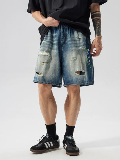 Raw Hem Damage Drawstring Washed Half Denim Jeans WN17484