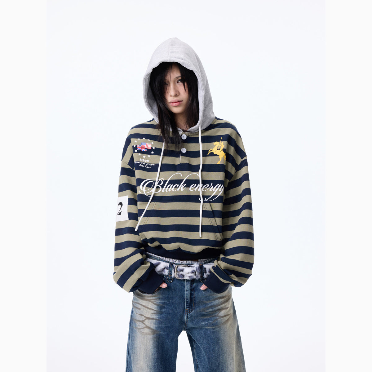 Stripe Print Drawstring Oversize Pullover Hoodie WN27361